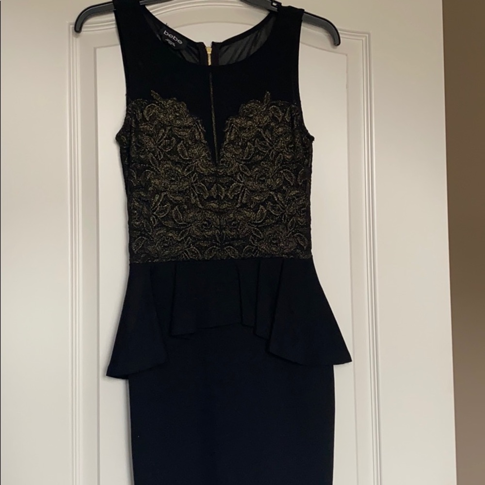 Bebe black gold bodycon mesh peplum dress